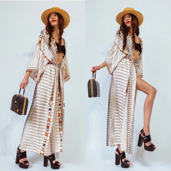 Boho Aztec Tribal Cream Tan & Black Kimono Beach Coverup Duster - Picture 6 of 16